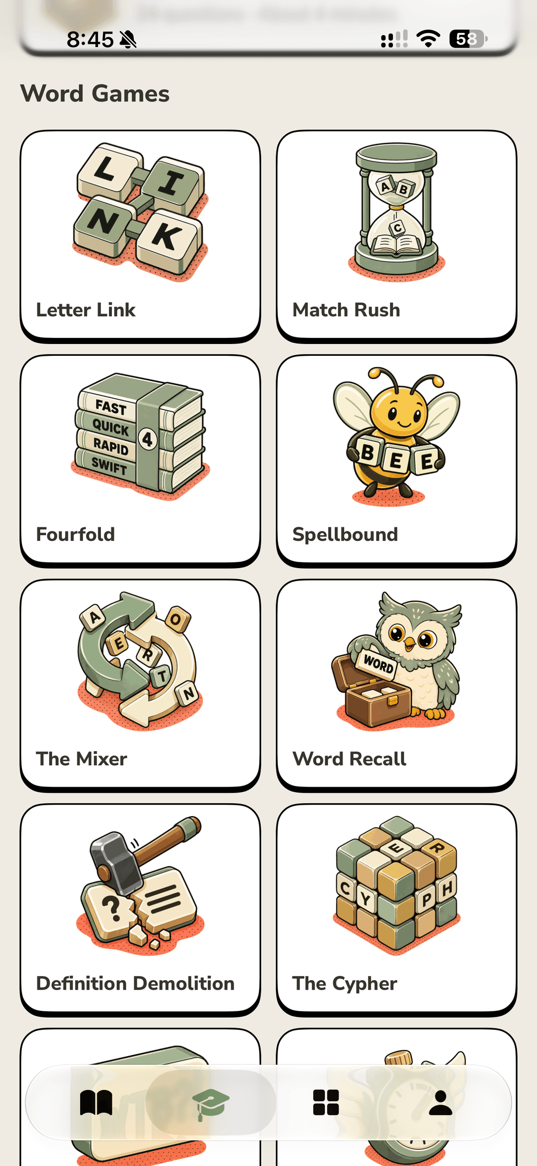 Word Games: illustrated tiles for Letter Link, Match Rush, Fourfold, Spellbound, and more