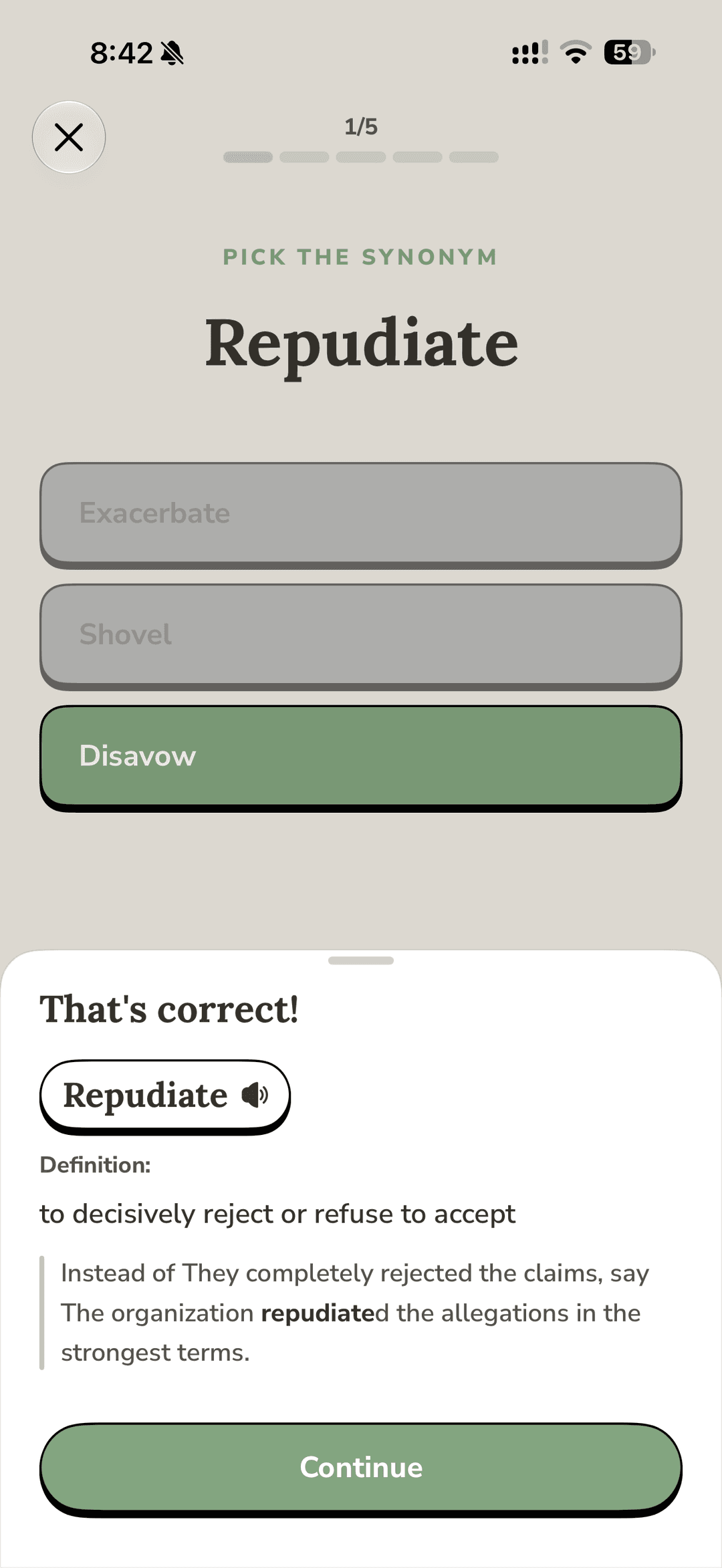 Practice: pick the synonym for Repudiate, answered correctly with the definition shown