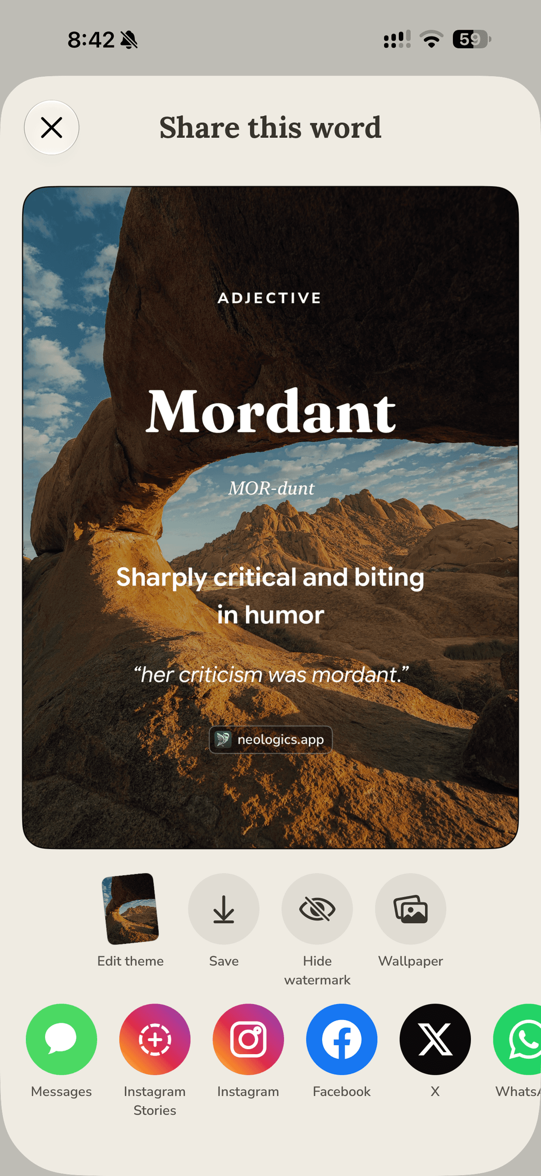 Share this word: a Mordant word card ready for Messages, Instagram, or wallpaper