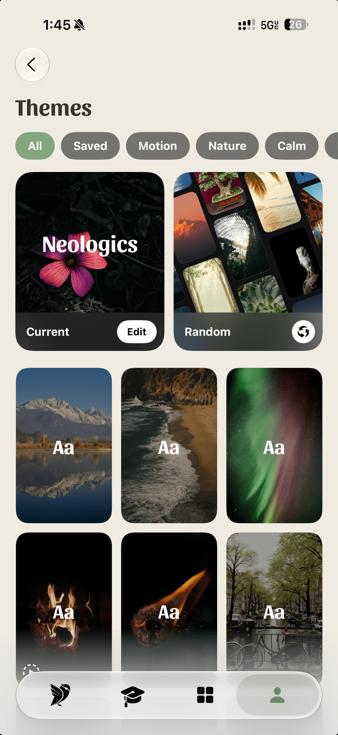 Themes: photographic and motion backdrops for the word card, with the current Neologics theme