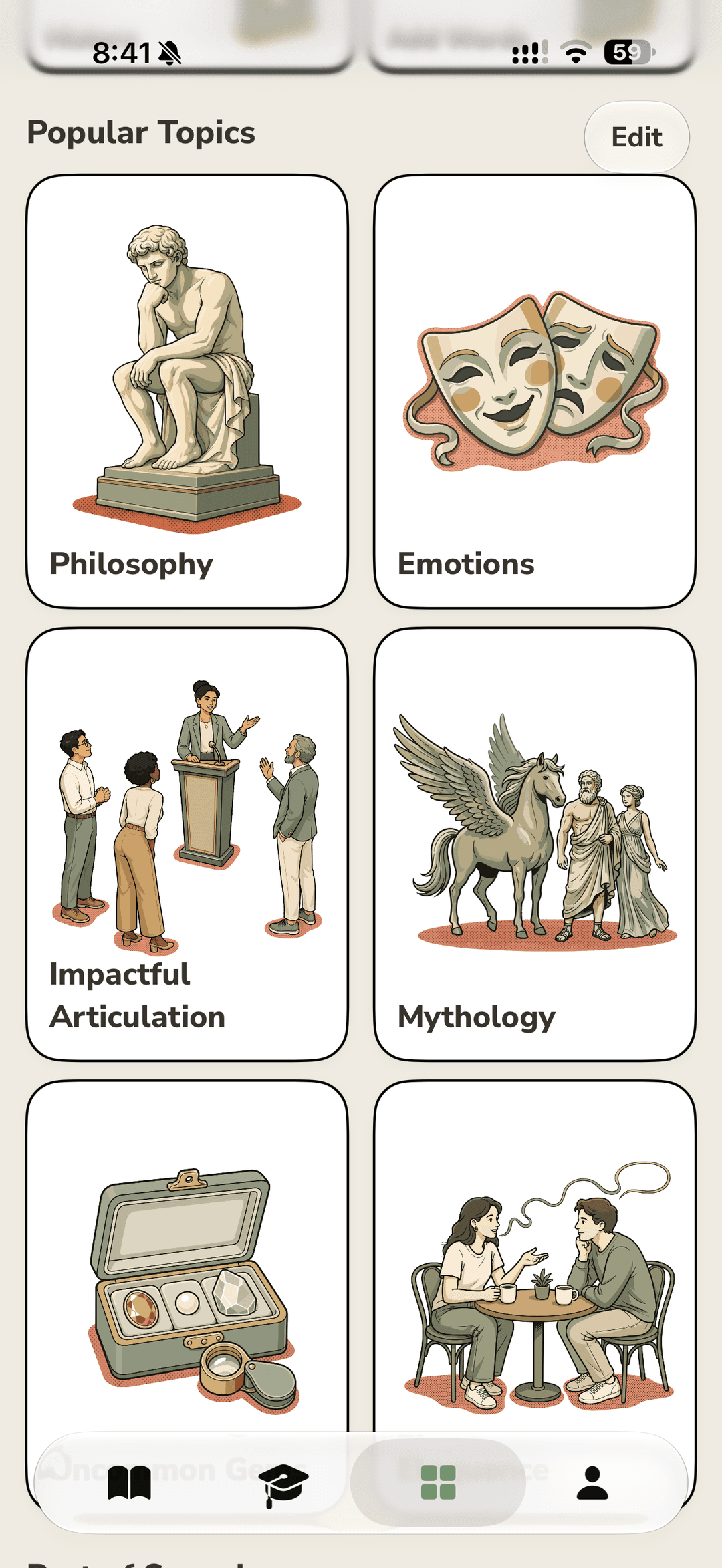 Popular Topics: illustrated tiles for Philosophy, Emotions, Impactful Articulation, and Mythology