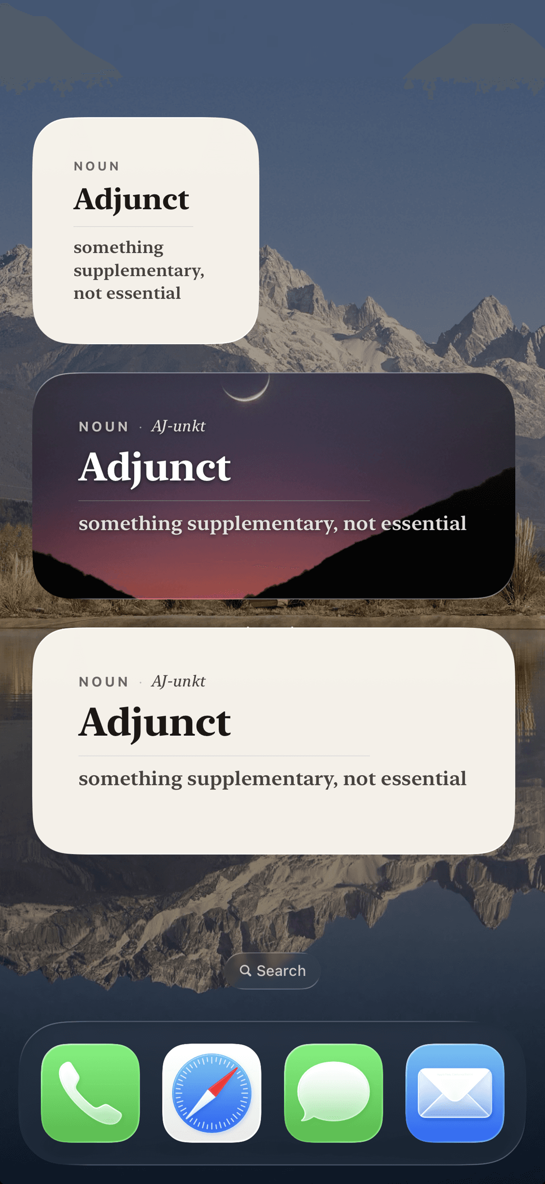 Home-screen widgets in three sizes showing the word Adjunct