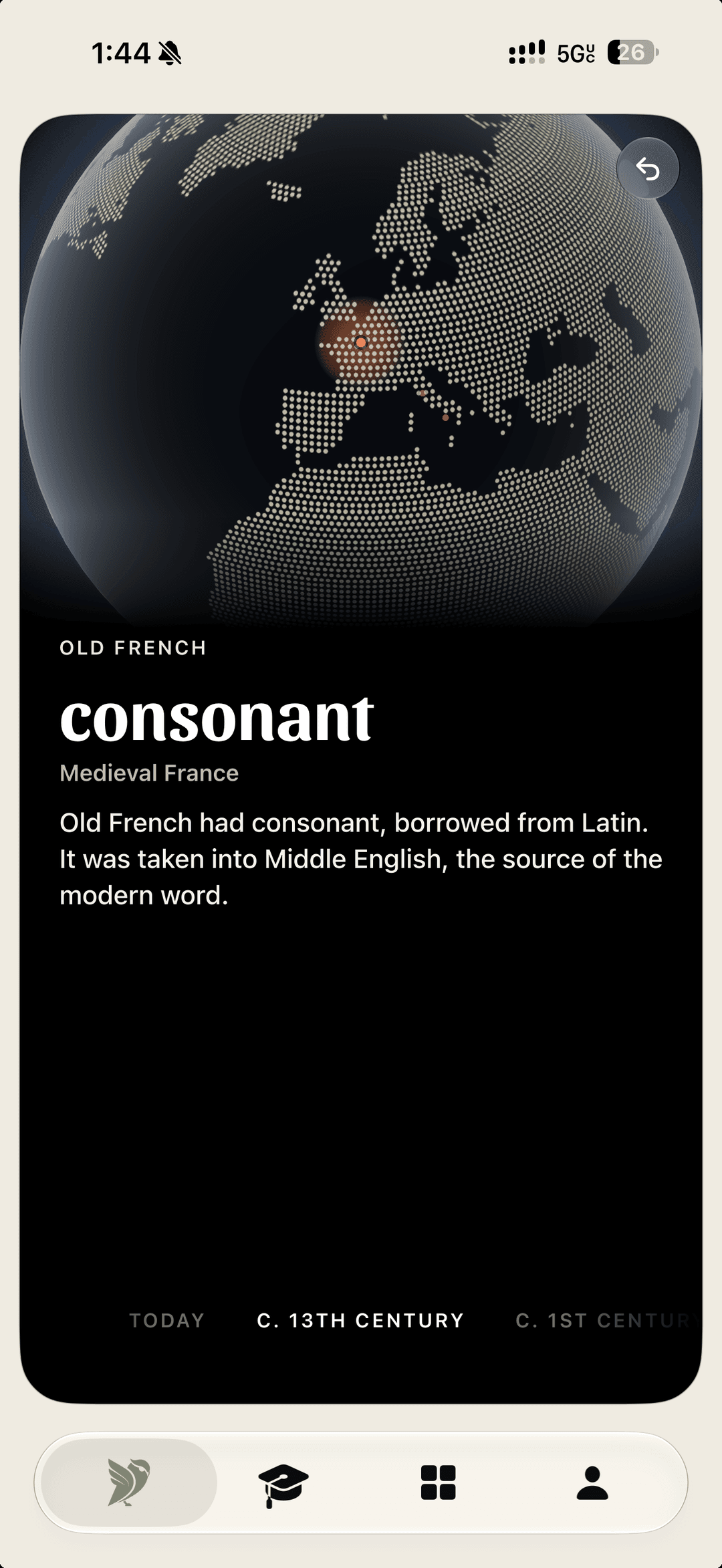 Deep dive: the Word Journey for consonant, Old French, Medieval France, marked on a dotted globe with a timeline from the first century to today