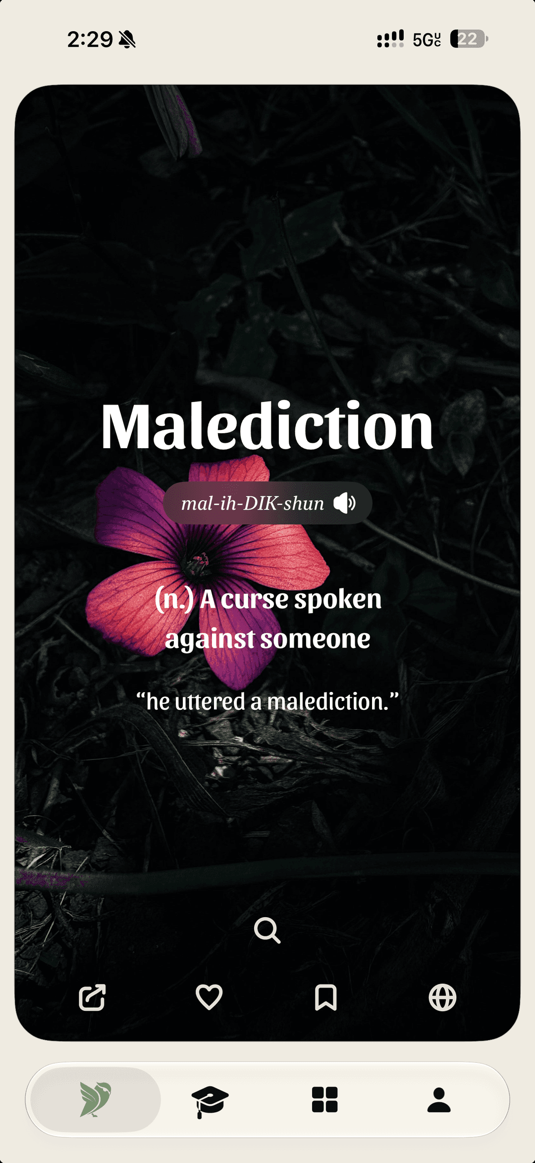 Word card: Malediction, a curse spoken against someone, over a pink wildflower in dark undergrowth