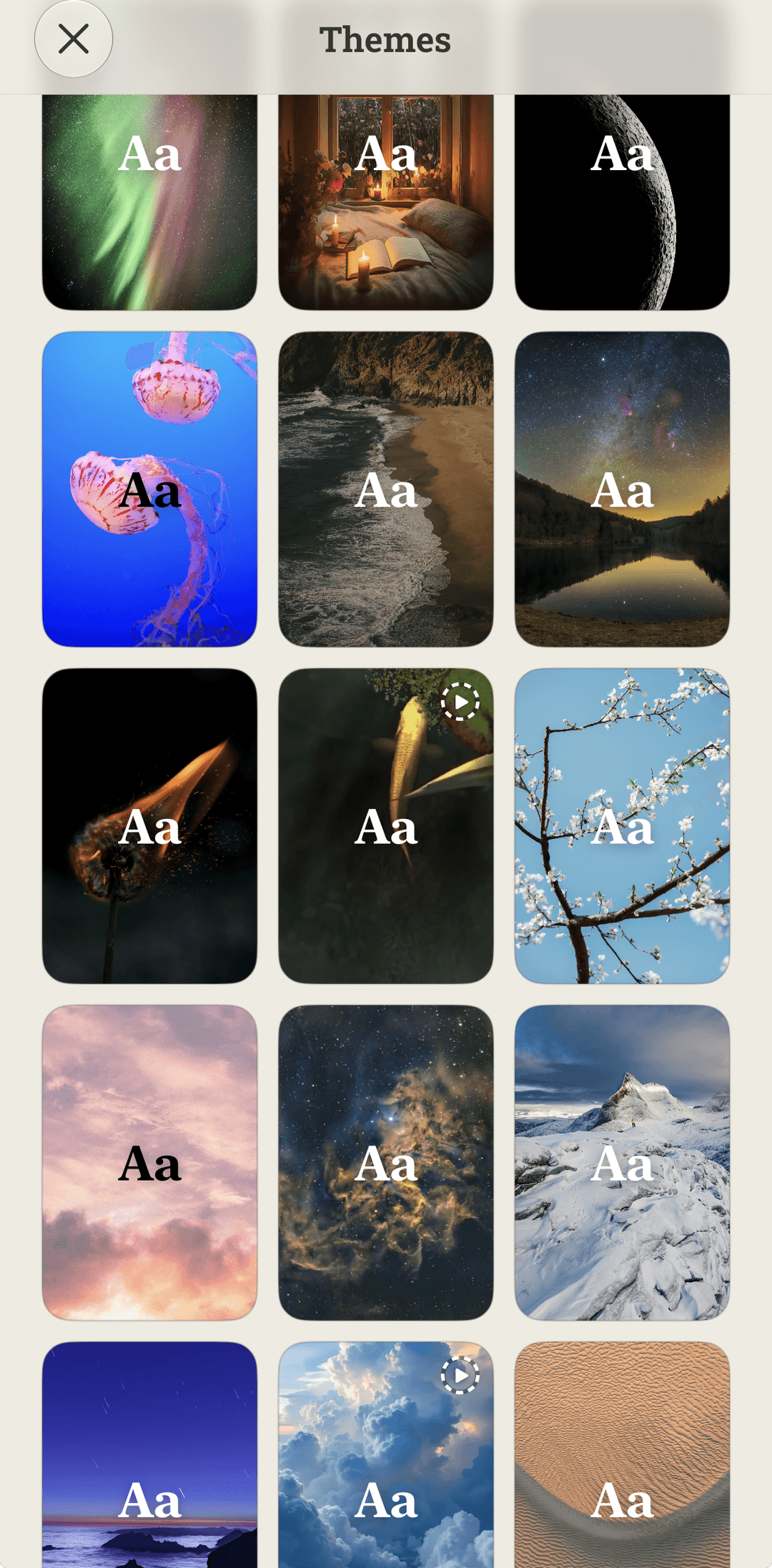 Themes — a grid of photographic and animated word-card themes